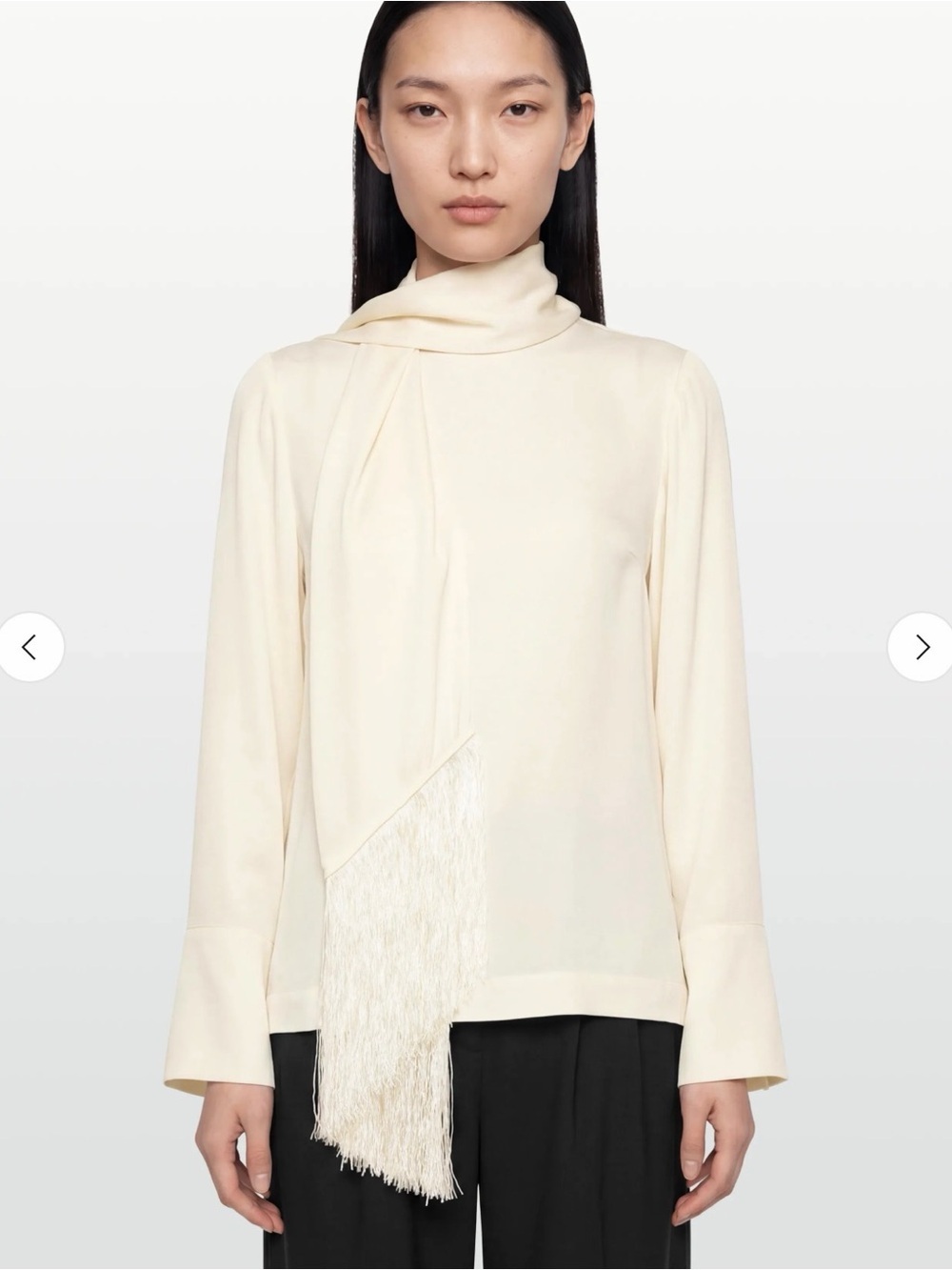 Day Cream Fringe-Neck long sleeve Blouse with Draped Scarf Detail turtleneck 6